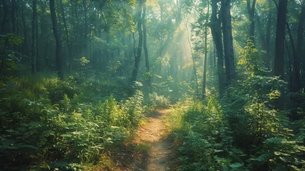 Zelfklevend Fotobehang Sunlight Filtering Through Trees on Forest Path © yganko