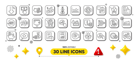 Graph chart, Payment click and Document line icons pack. 3d design elements. Report document, Card, Manager web icon. Dollar exchange, Target, Bitcoin coin pictogram. Vector