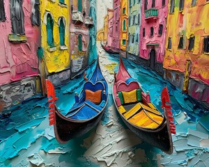 A vibrant clay Venetian canal, gondolas painted with care, dusk light on white - obrazy, fototapety, plakaty