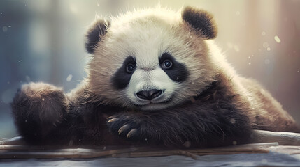 A panda bear is sitting on a wooden surface. The bear is looking at the camera with a sad expression