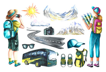 A set with a journey. Tourists with a map and a camera, a road, a backpack and sneakers. A hand-drawn watercolor illustration. Designed for flyers, banners and postcards. For invitations and posters.