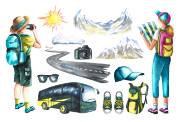 A set with a journey. Tourists with a map and a camera, a road, a backpack and sneakers. A hand-drawn watercolor illustration. Designed for flyers, banners and postcards. For invitations and posters.