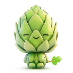 Content artichoke character with closed eyes and a leaf on white background - 781550360