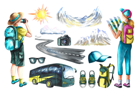 A set with a journey. Tourists with a map and a camera, a road, a backpack and sneakers. A hand-drawn watercolor illustration. Designed for flyers, banners and postcards. For invitations and posters. - Powered by Adobe