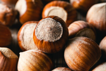 Hazelnut nut health organic brown filbert autumn background concept, food background.