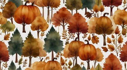 Seamless pattern with autumn trees pumpkins autumn .Generative AI
