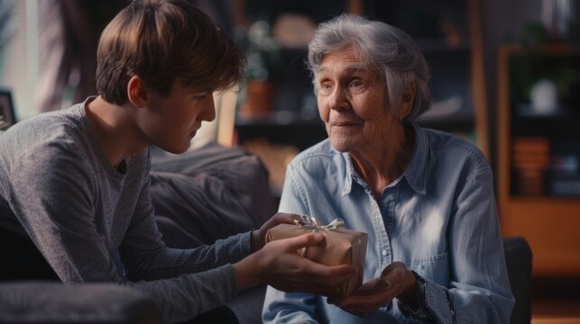 Grandson Presenting Gift to Grandmother