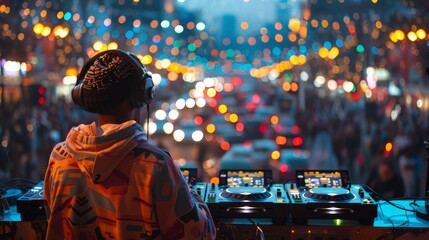 DJ Mixing on Turntable Amid Colored Smoke