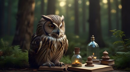 Fantasy wide sleeping owl is the keeper of secrets hol .Generative AI - obrazy, fototapety, plakaty