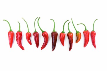 Red Hot Peppers Arranged Line Many Red Hot Chili Peppers White Background Small Short Spicy