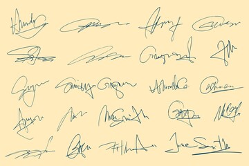 Signatures Set Fictitious Handwritten Signatures Signing Documents White Background 2