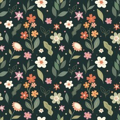 Vintage Floral Seamless Pattern Spring Romantic Wildflowers Pattern Dark Green Background