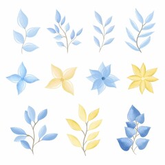 Watercolor Blue Yellow Flowers Leaves Set