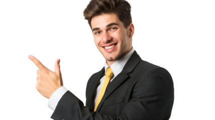 Smiling handsome businessman pointing away on transparent background.

