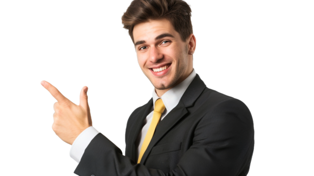 Smiling handsome businessman pointing away on transparent background.