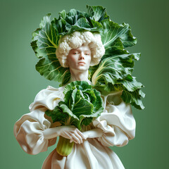 Fantasy character with cauliflower and cabbage headwear on green backdrop, vegetarianism themes. - 781551922