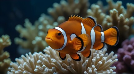 Naklejka na ściany i meble Amphiprion ocellaris clownfish in marine aquarium. Orange corals in the background. Colorful pattern, texture, wallpaper, panoramic underwater view .Generative AI