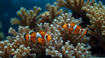 Fototapeta na wymiar Amphiprion ocellaris clownfish in marine aquarium. Orange corals in the background. Colorful pattern, texture, wallpaper, panoramic underwater view .Generative AI