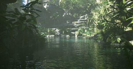A 3D illustration of a hidden oasis with a tranquil pond surrounded by rocky cliffs and lush greenery. Sunlight filters through the foliage, casting gentle reflections on the water.