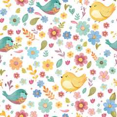 Colorful Birds and Floral Patterns on Illustrating a Spring and summer Theme