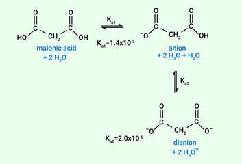Chemical reaction of malonic acid, anion and dianion