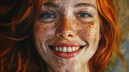Woman with freckles smiling - obrazy, fototapety, plakaty