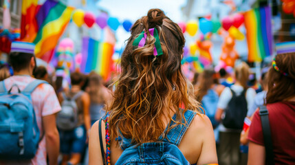 Colorful Back View of LGBT Community Parade with Flags
