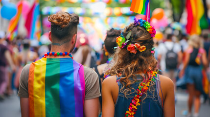 Rear View of LGBT Parade Participants with Flags