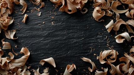 wood shavings against a stark black background, capturing the contrast between nature's texture and darkness.