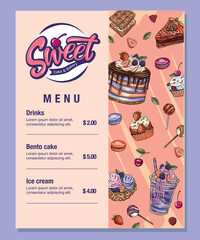 Hand drawn vector template of menu with desserts, sweets and bakery products. Design with sketch cake, cupcake, macaroons,  bento cake, waffle