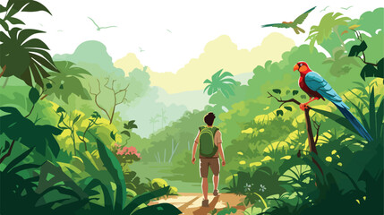 Male tourist with backpack walking in jungle among