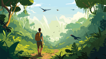 Male tourist with backpack walking in jungle among - obrazy, fototapety, plakaty