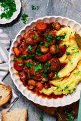 Coq au vin chicken meatballs with mashed potatoes. - 781553579