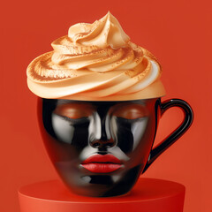 Surreal concept of a coffee mug shaped like a woman face topped with whipped cream