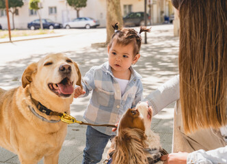 niña feliz paseando perros