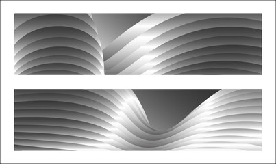 Monochrome cover design, abstract background. Wavy silver parallel gradient lines, ribbons, silk. Set of 2 backgrounds. Black and white with shades of gray banner, poster. eps vector - obrazy, fototapety, plakaty