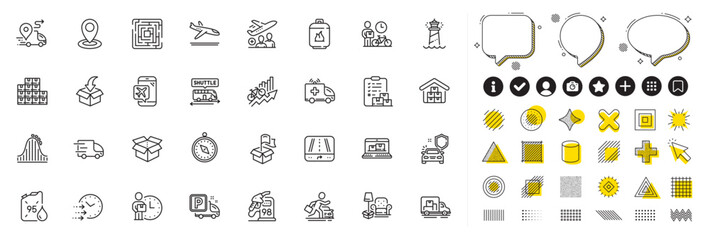 Set of Open box, Gps and Delivery time line icons for web app. Design elements, Social media icons. Delivery, Wholesale goods, Car secure icons. Bike courier, Shuttle bus, Petrol station signs. Vector