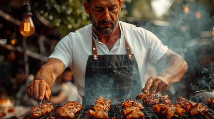 Young man preparing meat on a barbecue grill in a backyard