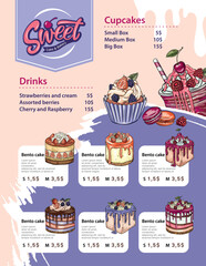 Menu dessert vector cafe design sweet food template chocolate cupcake and ice cream on restaurant poster illustration set of muffin on cafe banner.