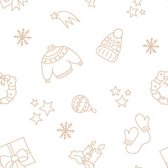 Vector illustration. Happy New Year and Merry Christmas backgraund with hand-drawn New Year and Christmas symbols in sketch style. Festive pattern for textiles, wallpaper, packaging, wrapping paper.