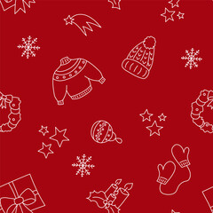 Vector illustration. Happy New Year and Merry Christmas backgraund with hand-drawn New Year and Christmas symbols in sketch style. Festive pattern for textiles, wallpaper, packaging, wrapping paper.