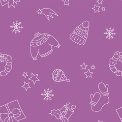 Vector illustration. Happy New Year and Merry Christmas backgraund with hand-drawn New Year and Christmas symbols in sketch style. Festive pattern for textiles, wallpaper, packaging, wrapping paper.