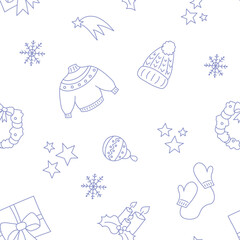 Vector illustration. Happy New Year and Merry Christmas backgraund with hand-drawn New Year and Christmas symbols in sketch style. Festive pattern for textiles, wallpaper, packaging, wrapping paper.