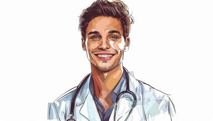 Handdrawn illustration of a young handsome doctor smiling, wearing a stethoscope and white coat Generative AI