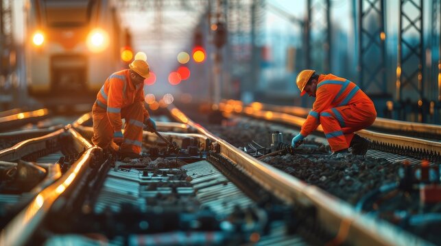Fototapeta two male railway workers, clad in fluorescent orange workwear, as they perform mechanical actions on railway tracks under a high-saturation industrial style setting.