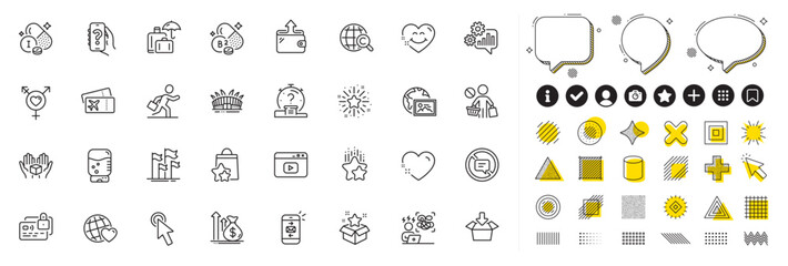 Set of Water cooler, Loyalty points and Get box line icons for web app. Design elements, Social media icons. Wallet, Stop shopping, Smile face icons. Video content, Heart, Mail signs. Vector