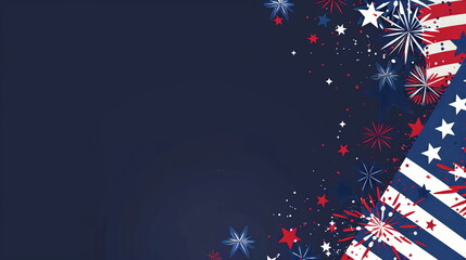 Dark blue navy background with stars, confetti, fireworks and the American flag. Holiday concept for 4th of July, President's Day, Independence Day, US National Day, Labor Day, Fourth of July