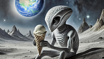 grey alien on the moon surface – eating ice cream