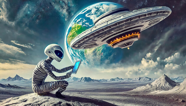 grey alien on the moon surface &ndash; flying a U.F.O. drone