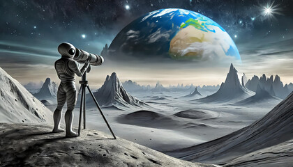 grey alien on the moon surface – observing earth with a telescope